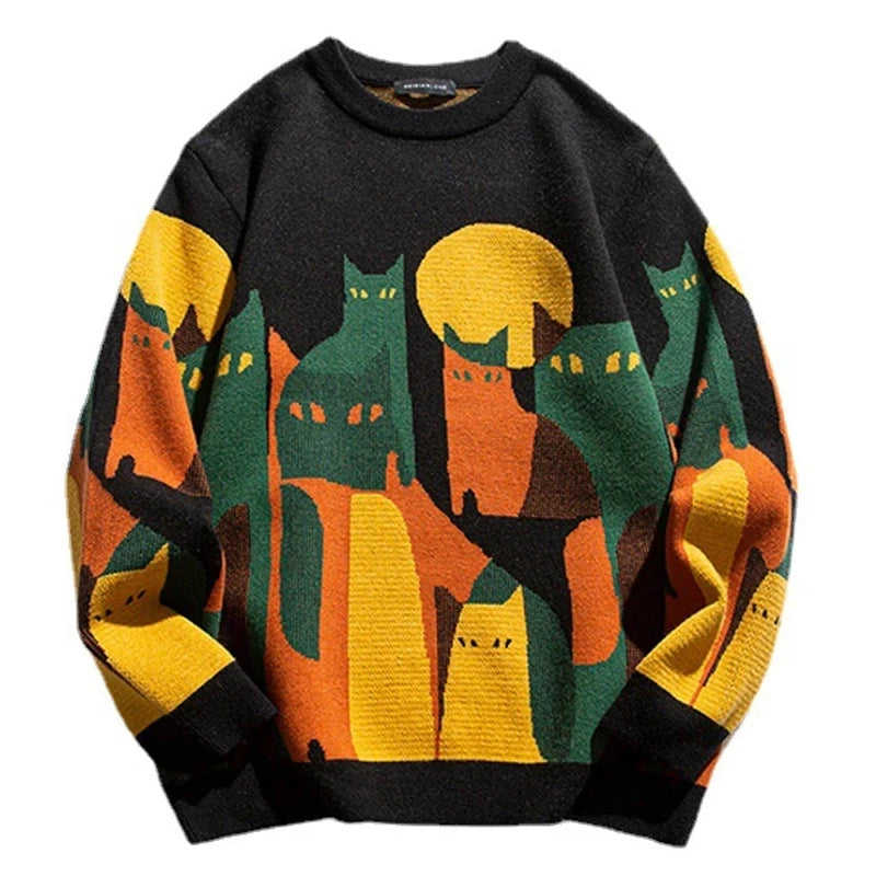 2023 Autumn Knitted Sweater Men Women Winter Harajuku Cartoon Full Cat Print Pullover Vintage Causal Loose Sweaters Streetwear