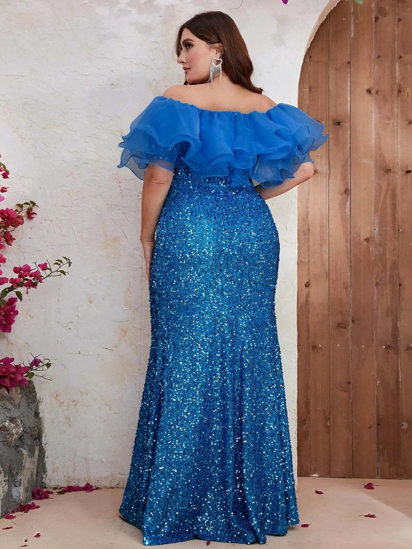 Plus Size Women Wedding Party Dresses Fashion Strapless Mesh Splicing Elegant Sequins Summer Dress Large Lady Evening Dresses