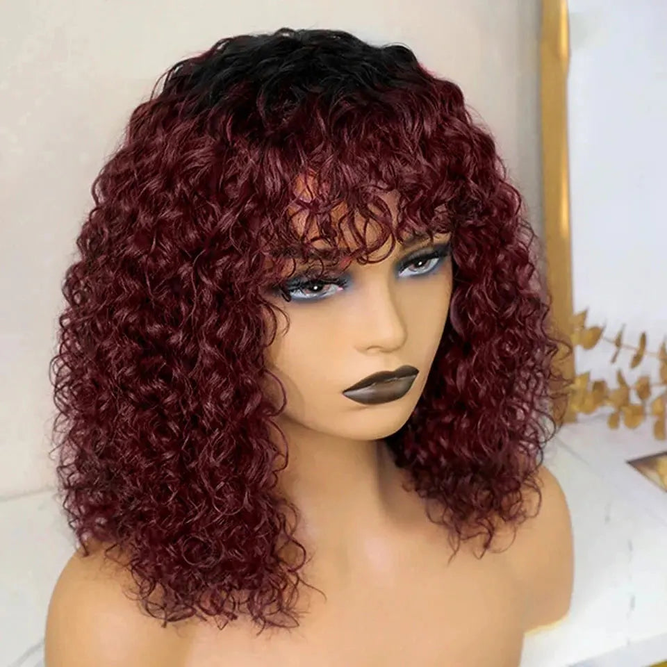 Jerry Curly Short Cut Piexie Remy Human Hair Bob Bangs Wigs Glueless Honey Blonde Ombre Burgundy Ginger 99J Wig For Black Women