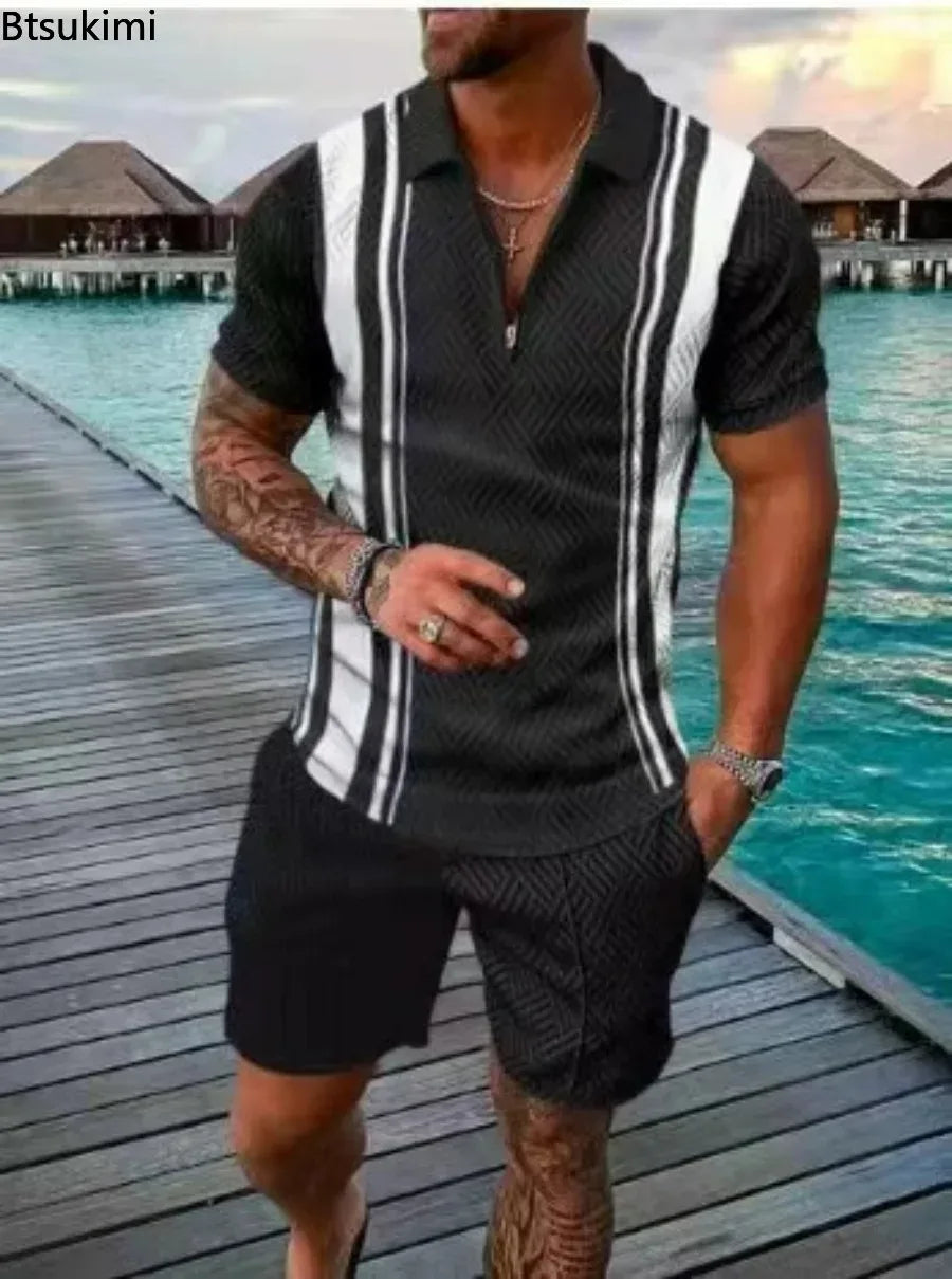 New 2024 Men's Polo Suit Fashion Men Sets Solid Summer V-neck Zipper Short Sleeve POLO Shirt+Shorts Two Pieces Men Casual Suit