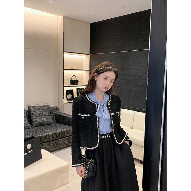 MEXZT Vintage Jackets Women Black Tweed Cropped Coat Korean Elegant Thicken Single Breasted Blazer Casual Short Outerwear Tops