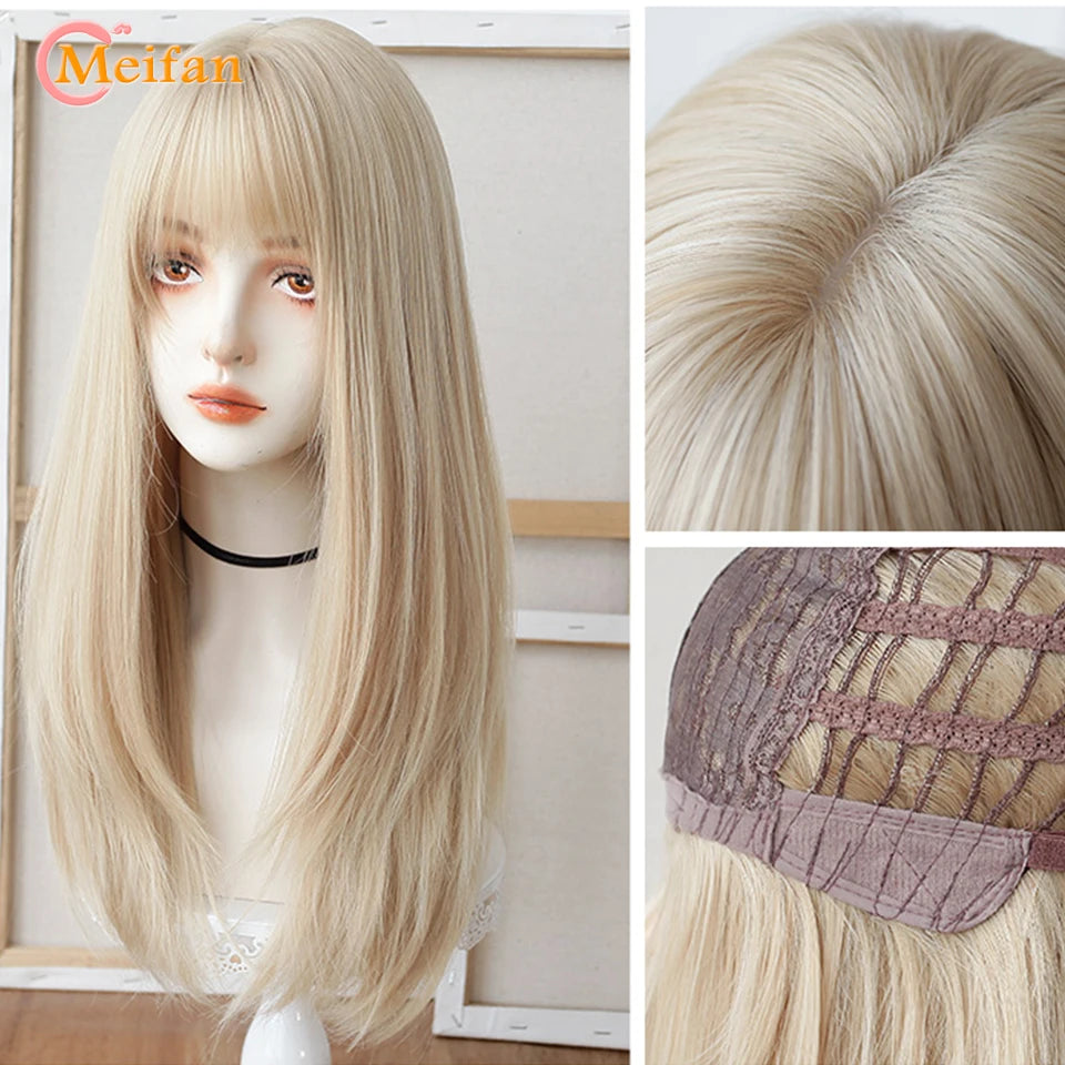 MEIFAN Synthetic Long Straight Lolita Wig with Bangs Wig Girl Cute Ombre Pink Blonde Black Cosplay Party Halloween Harajuku Wig