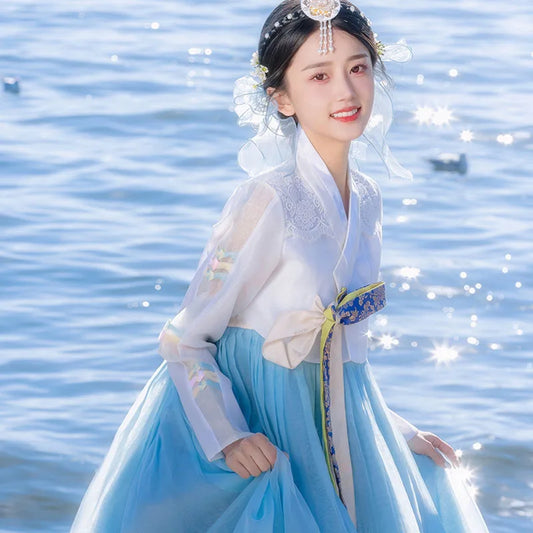 Hanbok Women 2023 Summer New Blue Gauze Traditional Hanbok Dress Court Korean Wedding Dress Kimono Asia Pacific Islands Clothing