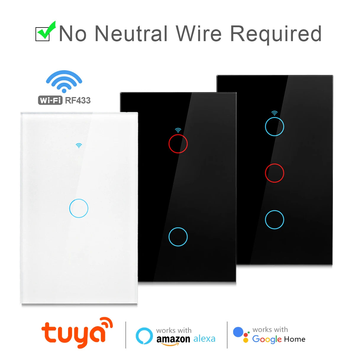 Tuya WiFi US Smart Light Switch Neutral wire/No Neutral wire Required 120 Type Wall Touch Switch Work with Alexa, Google Home