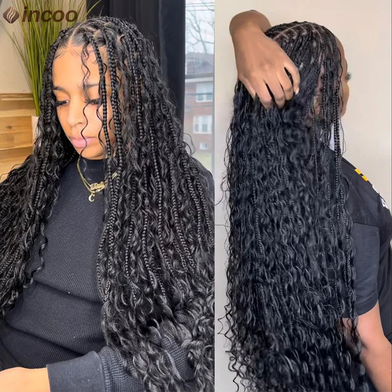 Long 32 Boho Braided Full Lace Front Wigs Synthetic Blonde Curly Goddess Locs Cornrows Wigs Pre Plucked Baby Hair Box Braids Wig