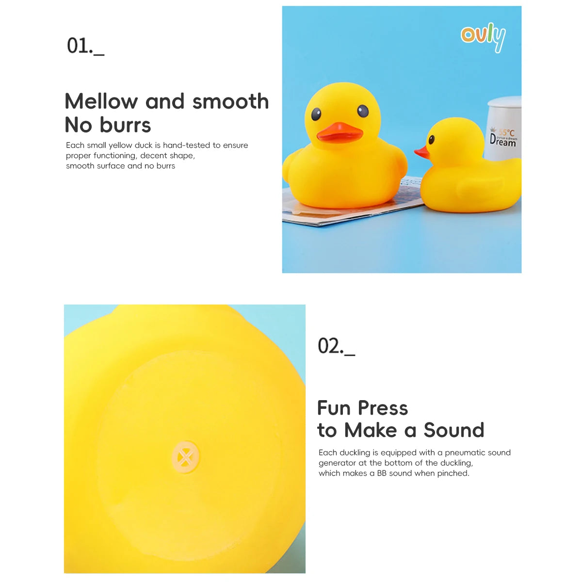 Ovly Little Yellow Duck with Squeeze Sound Bath Toy Soft Rubber Float Cute Duck Play Bath Christmas Gift For Children Kids Baby