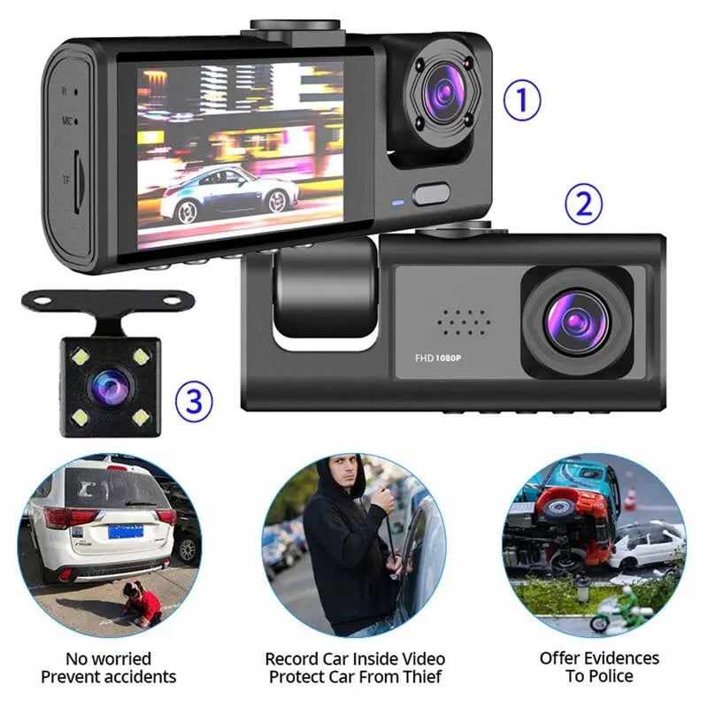 Dash Cam W/ IR Night Vision Loop Recording & 2" IPS Screen 1080P 3 Camera ， DVR recorder, video recorder, Vehicle DVR