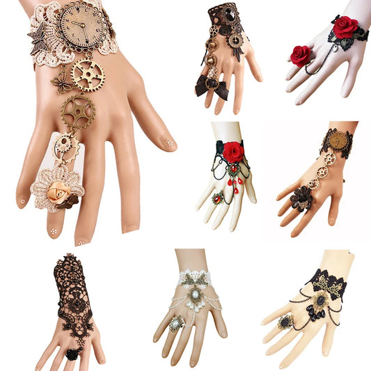 Women's Vintage Steampunk Gloves Wrist Cuff Gear Girls Jewelry Accessories Victorian Bracelets Costume Lace Handwear