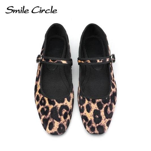 Smile Circle Velvet Mary Jane Ballet Flats Women Shoes Leopard Print Comfortable Soft Round Toe Flat Shoes for Women